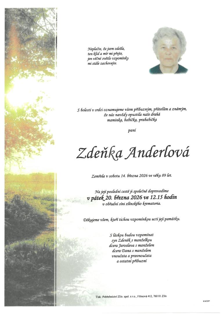 Smuteční oznámeníZdeňka Anderlová