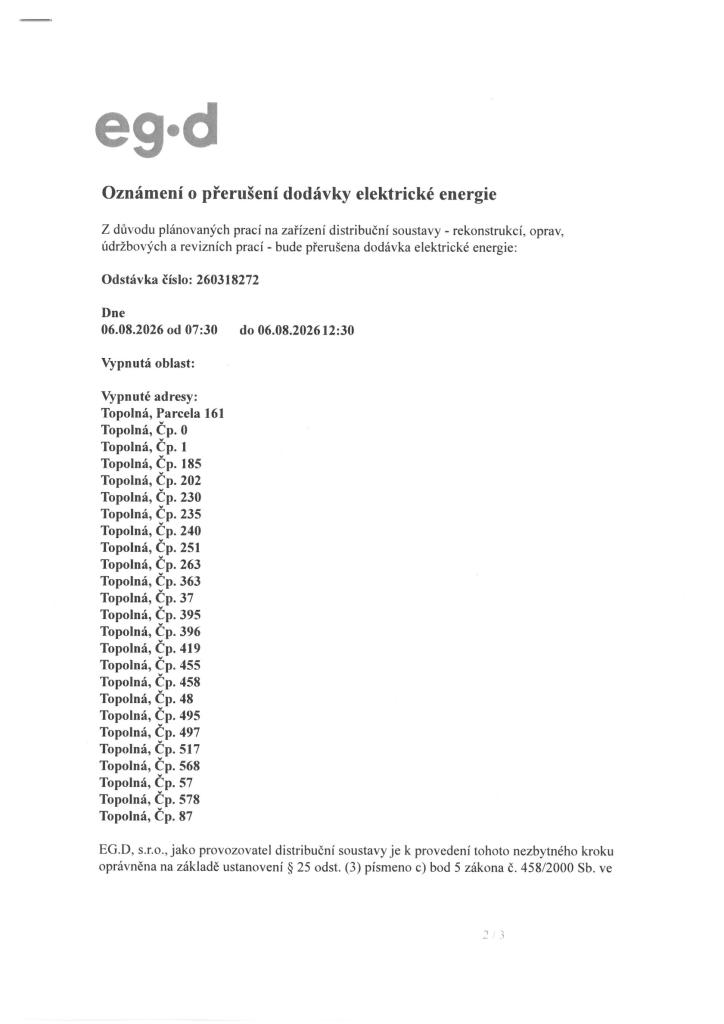 Přerušení dodávky el. energie 6. 8. 2026 v části obce 1